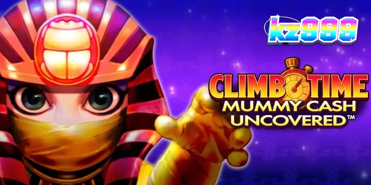Interface visual moderna e noturna do slot Climb Time Mummy Cash Uncovered com detalhes em dourado.